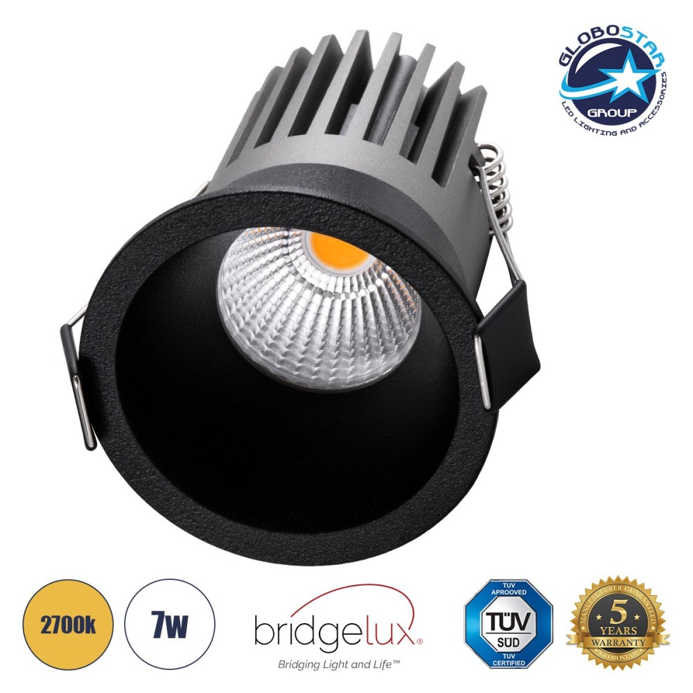 GLOBOSTAR® MICRO-B 60245 Χωνευτό Downlight Σποτ LED 7W 875lm 38° AC 220-240V IP20 Θερμό Λευκό 2700K - Bridgelux COB Chip & TÜV SÜD Driver - Μαύρο Ματ - Μ6 x Π6 x Υ7.8cm - Q5cm - 5 Χρόνια Εγγύηση